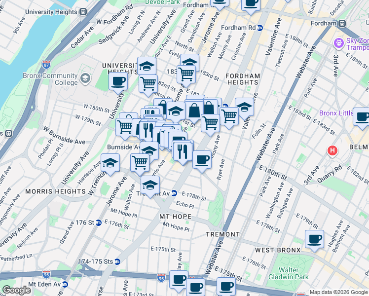 map of restaurants, bars, coffee shops, grocery stores, and more near 2079 Morris Avenue in Bronx
