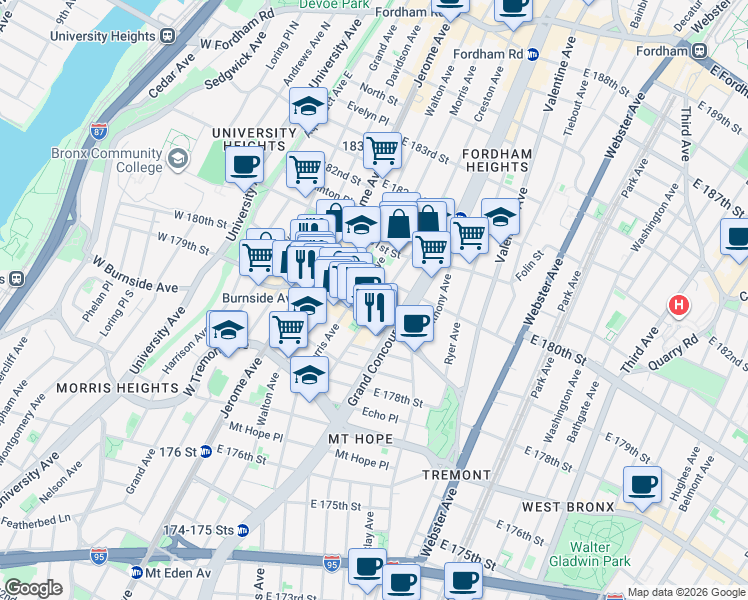 map of restaurants, bars, coffee shops, grocery stores, and more near 2079 Morris Avenue in Bronx