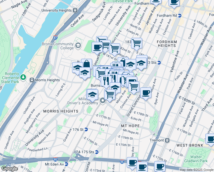 map of restaurants, bars, coffee shops, grocery stores, and more near in The Bronx