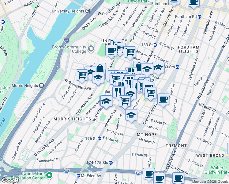map of restaurants, bars, coffee shops, grocery stores, and more near 49 West Burnside Avenue in The Bronx