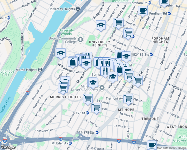 map of restaurants, bars, coffee shops, grocery stores, and more near 1925 Harrison Avenue in The Bronx