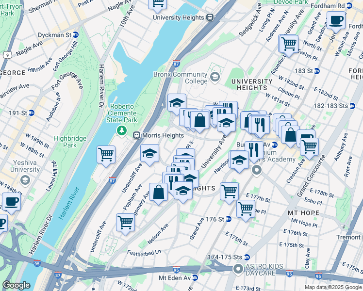 map of restaurants, bars, coffee shops, grocery stores, and more near 179 West Burnside Avenue in The Bronx
