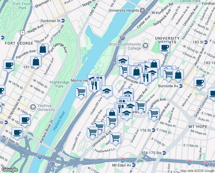 map of restaurants, bars, coffee shops, grocery stores, and more near 1874 Cedar Avenue in Bronx