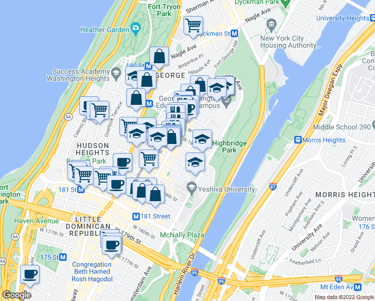 map of restaurants, bars, coffee shops, grocery stores, and more near 559 West 189th Street in New York