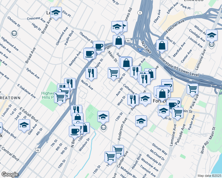 map of restaurants, bars, coffee shops, grocery stores, and more near 1597 John Street in Fort Lee