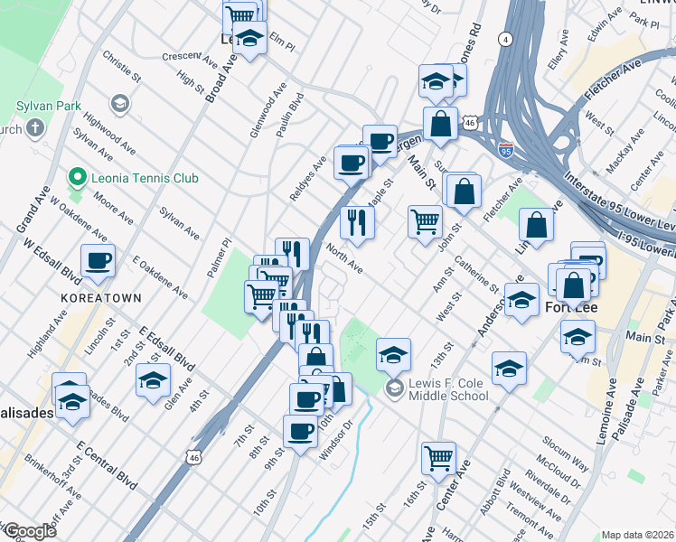 map of restaurants, bars, coffee shops, grocery stores, and more near in Fort Lee