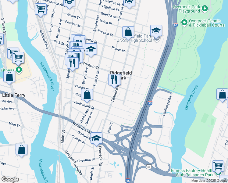 map of restaurants, bars, coffee shops, grocery stores, and more near 143 Cedar Street in Ridgefield Park