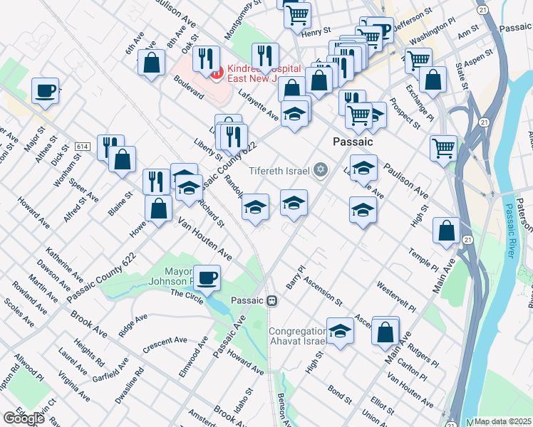 map of restaurants, bars, coffee shops, grocery stores, and more near 19 Offord Street in Passaic