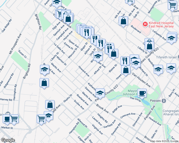map of restaurants, bars, coffee shops, grocery stores, and more near 72 Wesley Street in Clifton