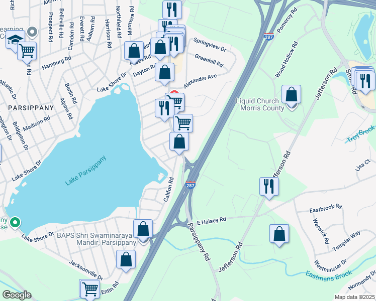 map of restaurants, bars, coffee shops, grocery stores, and more near 362 Parsippany Road in Parsippany-Troy Hills