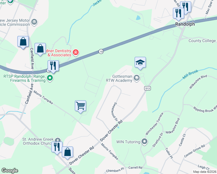 map of restaurants, bars, coffee shops, grocery stores, and more near 22 Sweetwood Drive in Randolph