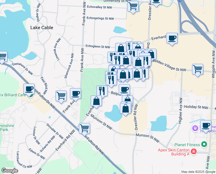 map of restaurants, bars, coffee shops, grocery stores, and more near 4834 Everhard Road Northwest in Canton