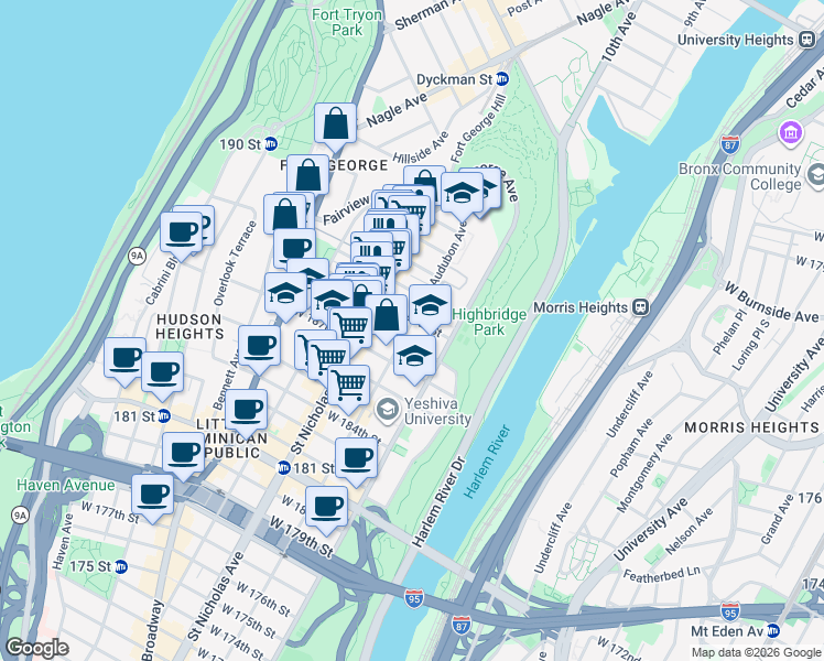 map of restaurants, bars, coffee shops, grocery stores, and more near 471 Audubon Avenue in New York