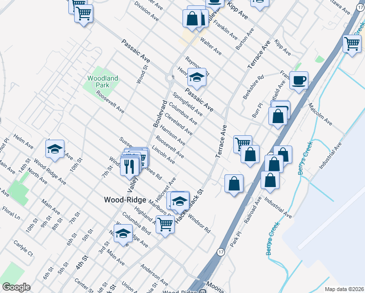 map of restaurants, bars, coffee shops, grocery stores, and more near 257 Harrison Avenue in Hasbrouck Heights