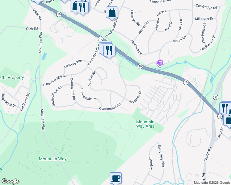 map of restaurants, bars, coffee shops, grocery stores, and more near 174 Patriots Road in Morris Plains