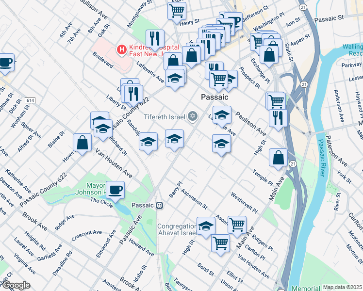 map of restaurants, bars, coffee shops, grocery stores, and more near 285 Aycrigg Avenue in Passaic