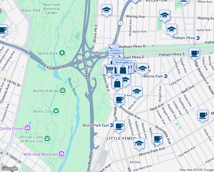 map of restaurants, bars, coffee shops, grocery stores, and more near 2082 Bronx Park East in Bronx