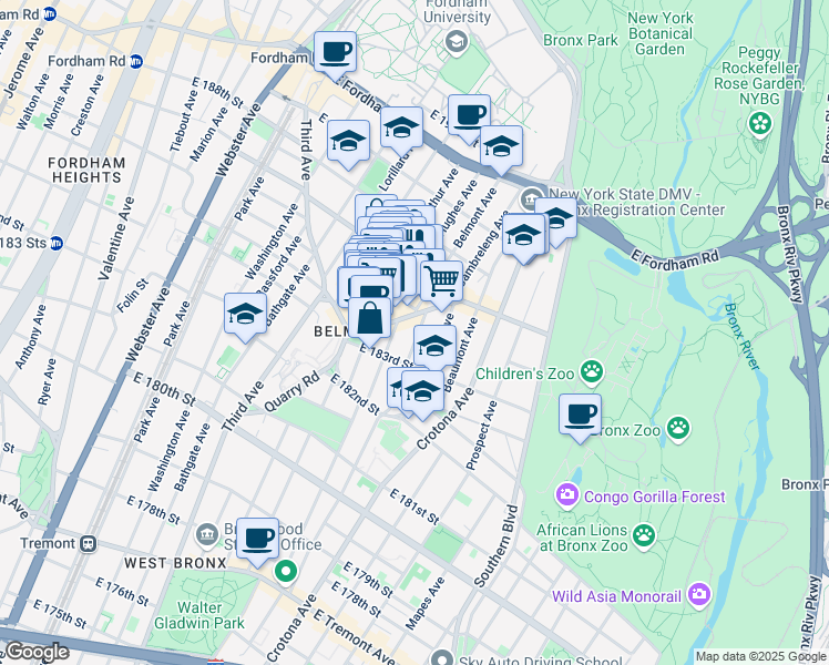map of restaurants, bars, coffee shops, grocery stores, and more near 631 Crescent Avenue in Bronx