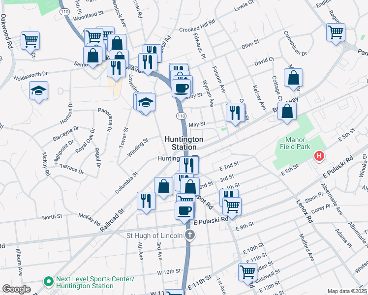 map of restaurants, bars, coffee shops, grocery stores, and more near in Huntington Station