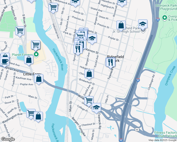 map of restaurants, bars, coffee shops, grocery stores, and more near 65 Hobart Street in Ridgefield Park