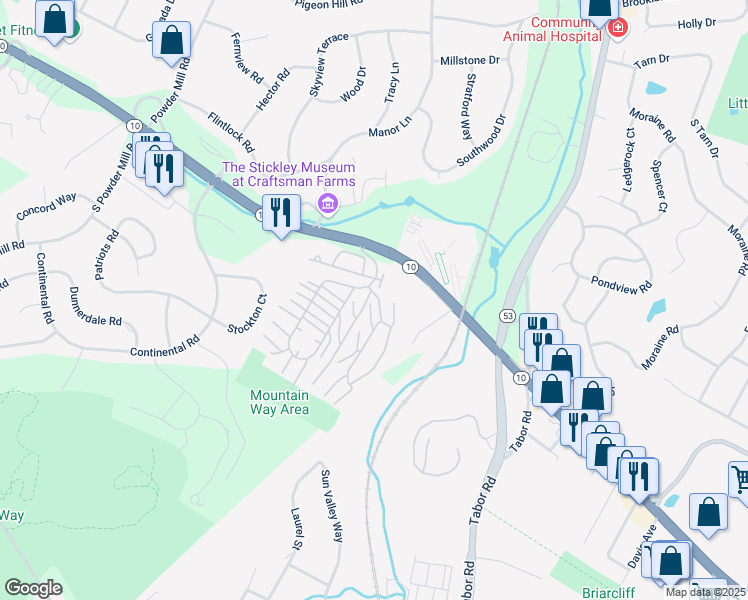 map of restaurants, bars, coffee shops, grocery stores, and more near 2467 New Jersey 10 in Morris Plains