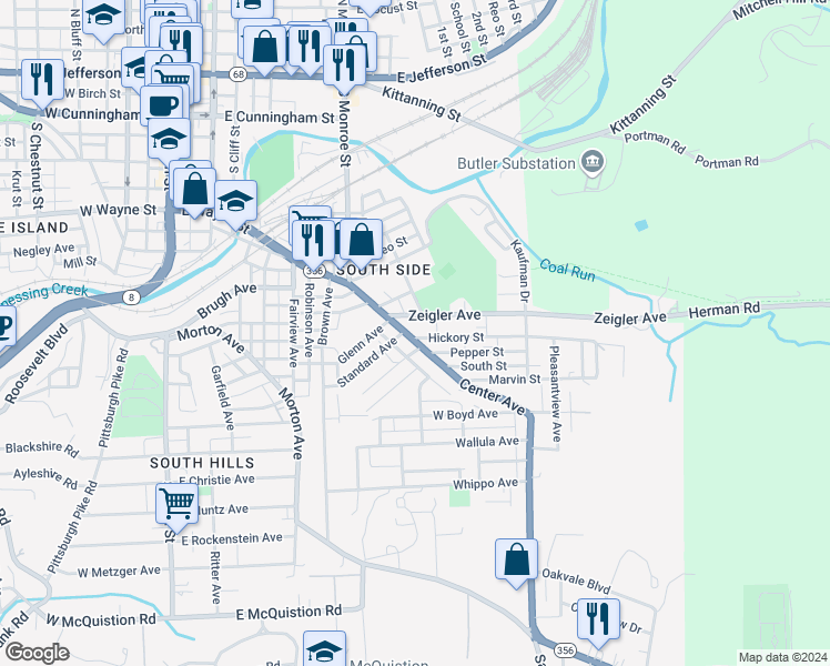map of restaurants, bars, coffee shops, grocery stores, and more near 29 Hickory Street in Butler