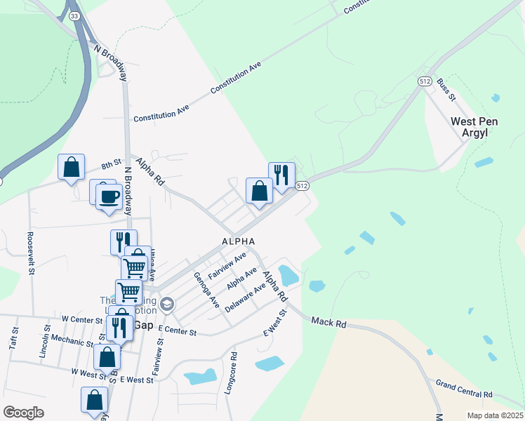 map of restaurants, bars, coffee shops, grocery stores, and more near 520 North Lehigh Avenue in Wind Gap