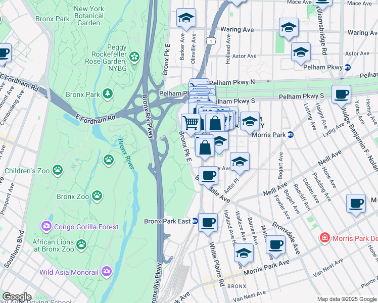map of restaurants, bars, coffee shops, grocery stores, and more near 2086 Bronx Park East in Bronx