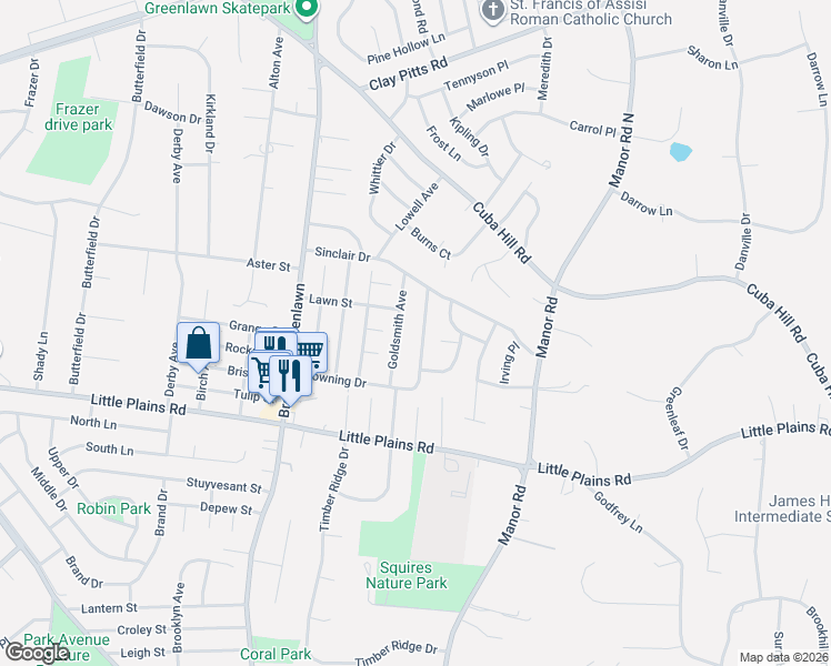 map of restaurants, bars, coffee shops, grocery stores, and more near 6 Browning Drive in Greenlawn
