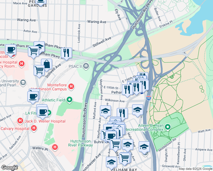 map of restaurants, bars, coffee shops, grocery stores, and more near 2849 East 196th Street in Bronx