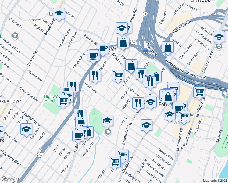 map of restaurants, bars, coffee shops, grocery stores, and more near 1597 John Street in Fort Lee