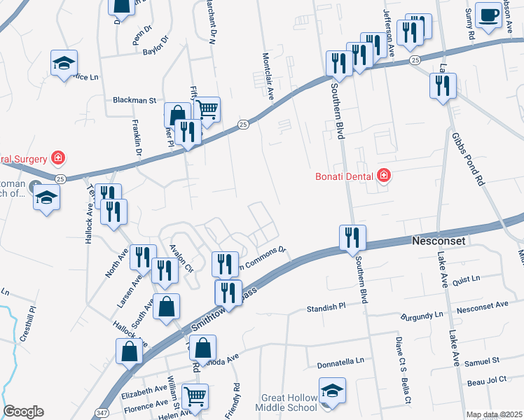 map of restaurants, bars, coffee shops, grocery stores, and more near 29 Chelsea Drive in Smithtown