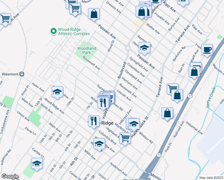 map of restaurants, bars, coffee shops, grocery stores, and more near 15 Boulevard in Hasbrouck Heights
