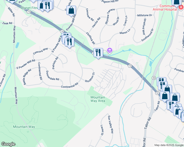 map of restaurants, bars, coffee shops, grocery stores, and more near 19 Stockton Court in Morris Plains