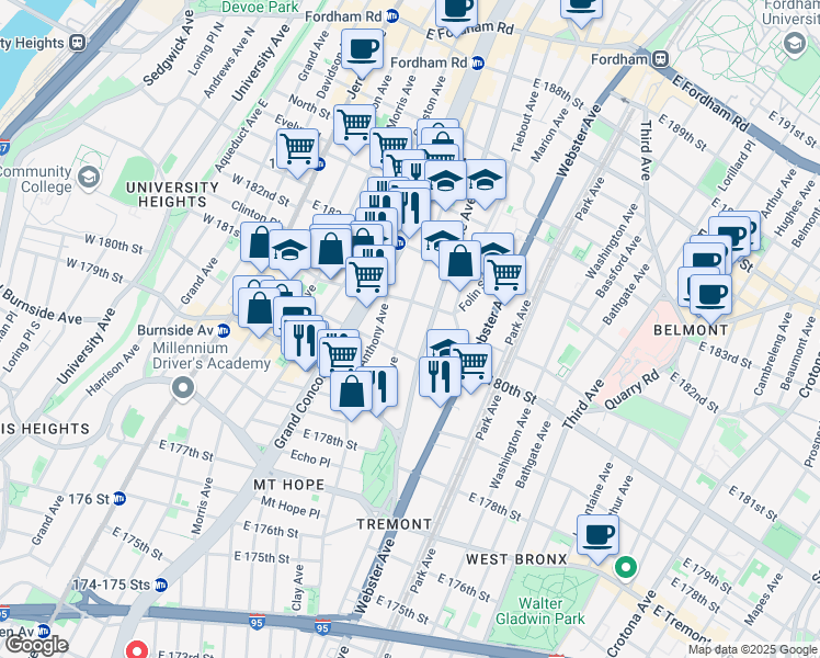 map of restaurants, bars, coffee shops, grocery stores, and more near 2115 Ryer Avenue in Bronx