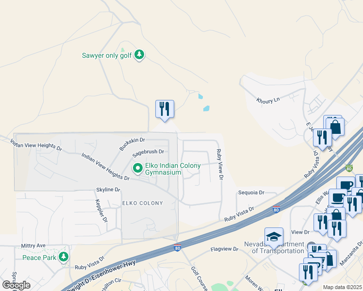 map of restaurants, bars, coffee shops, grocery stores, and more near 2086 Ruby View Drive in Elko