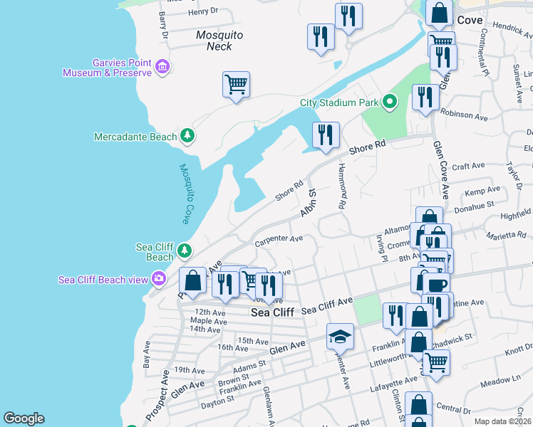 map of restaurants, bars, coffee shops, grocery stores, and more near 140 Shore Road in Glen Cove