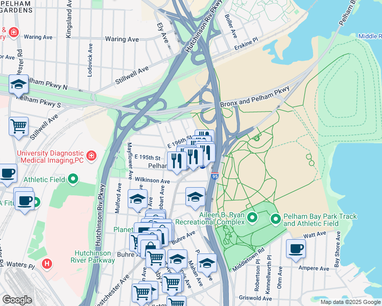 map of restaurants, bars, coffee shops, grocery stores, and more near 2048 Colonial Avenue in The Bronx