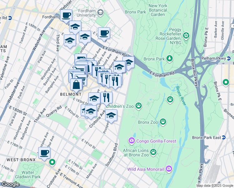 map of restaurants, bars, coffee shops, grocery stores, and more near in The Bronx