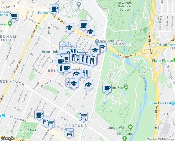 map of restaurants, bars, coffee shops, grocery stores, and more near in The Bronx