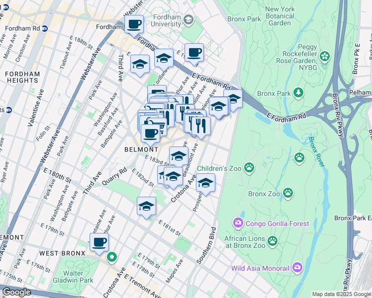 map of restaurants, bars, coffee shops, grocery stores, and more near in The Bronx
