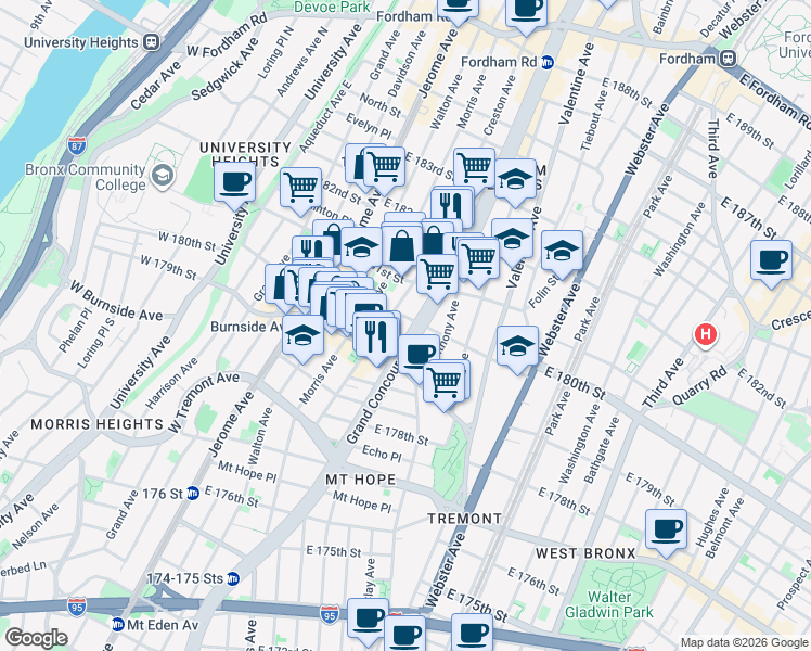 map of restaurants, bars, coffee shops, grocery stores, and more near 2086 Creston Avenue in Bronx