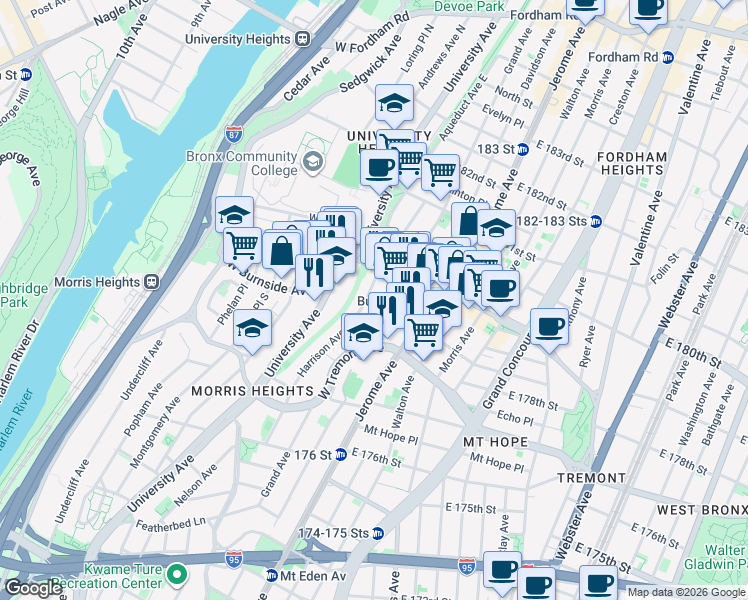 map of restaurants, bars, coffee shops, grocery stores, and more near 1925 Harrison Avenue in The Bronx