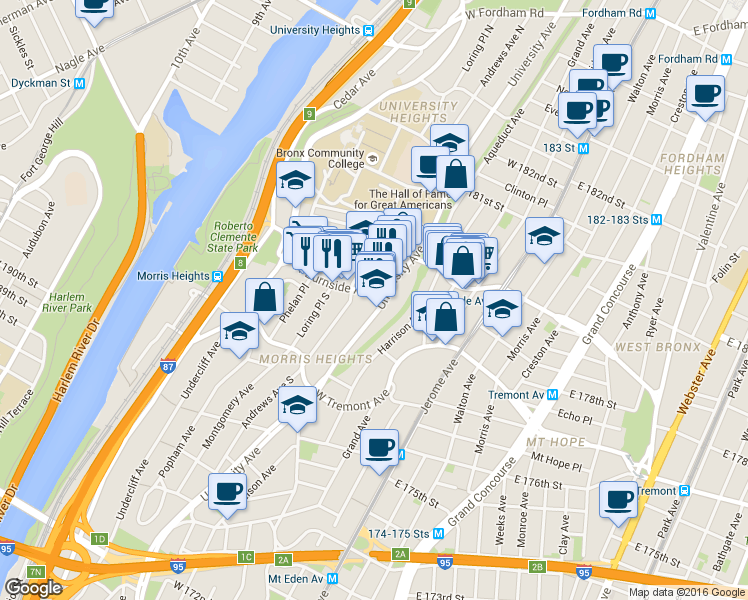 map of restaurants, bars, coffee shops, grocery stores, and more near 1945 University Avenue in The Bronx