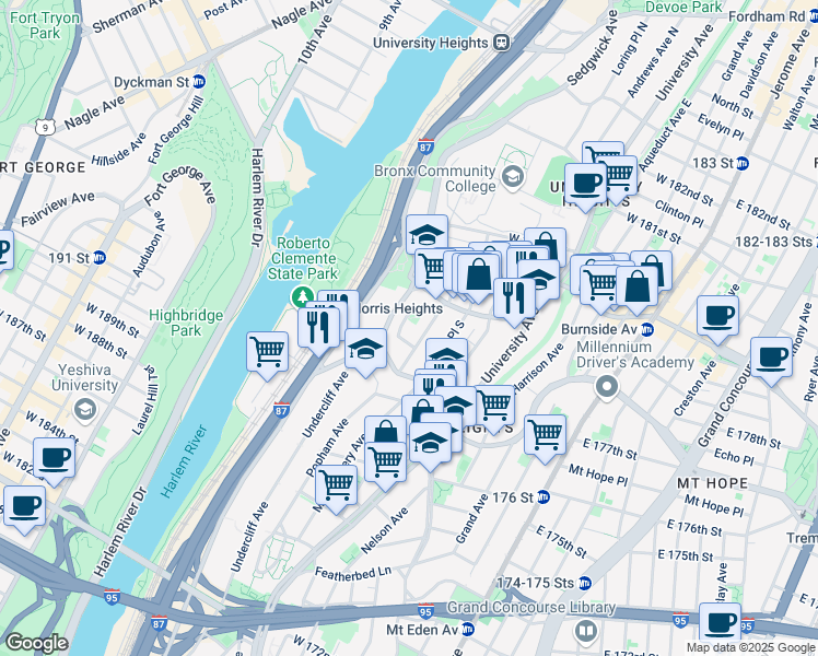 map of restaurants, bars, coffee shops, grocery stores, and more near 1887 Billingsley Terrace in The Bronx