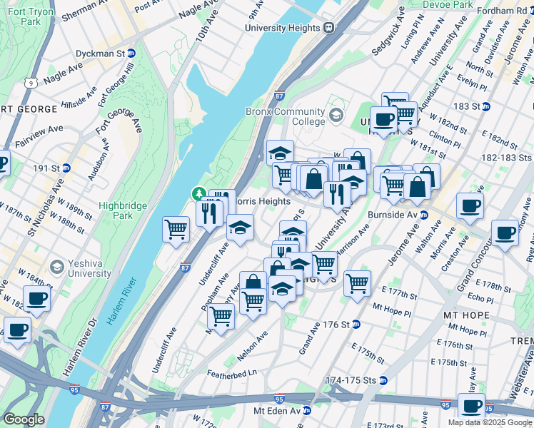 map of restaurants, bars, coffee shops, grocery stores, and more near 1887 Billingsley Terrace in The Bronx