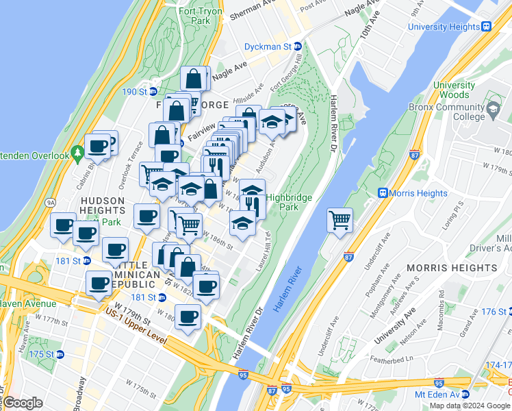 map of restaurants, bars, coffee shops, grocery stores, and more near 516 West 190th Street in New York