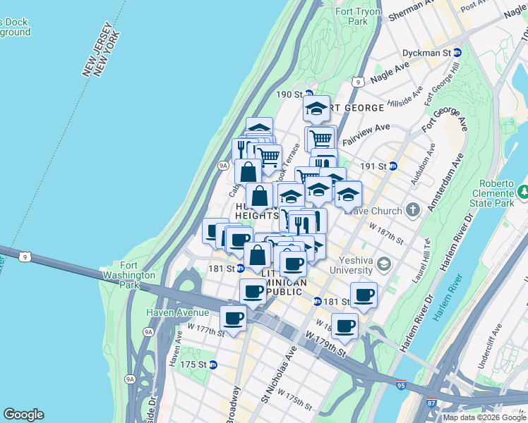 map of restaurants, bars, coffee shops, grocery stores, and more near 40 Overlook Terrace in New York
