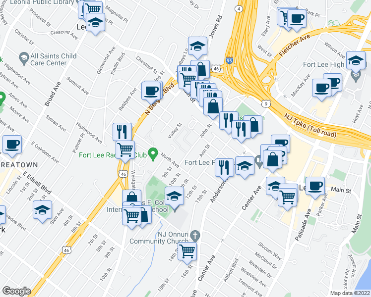 map of restaurants, bars, coffee shops, grocery stores, and more near 1597 John Street in Fort Lee