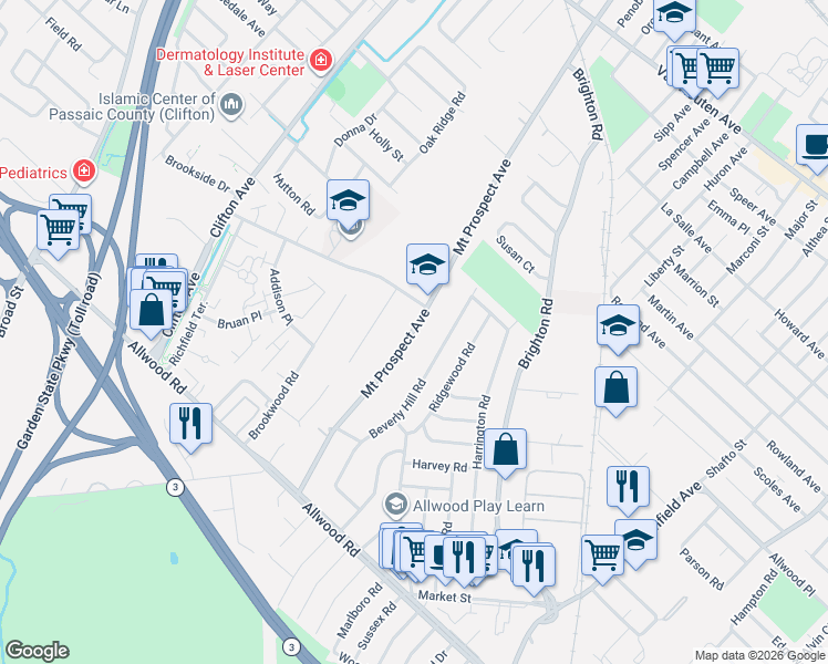 map of restaurants, bars, coffee shops, grocery stores, and more near 424 Mount Prospect Avenue in Clifton